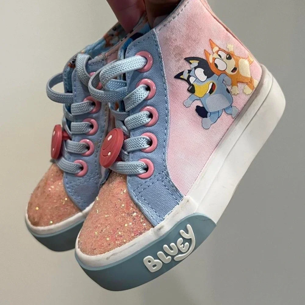 Bluey kids high top sneakers glittery pink blue light platform shoes 6C zip